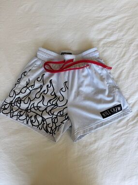 Kill Crew White Mesh Shorts with Black Flame Print and Red Drawstring